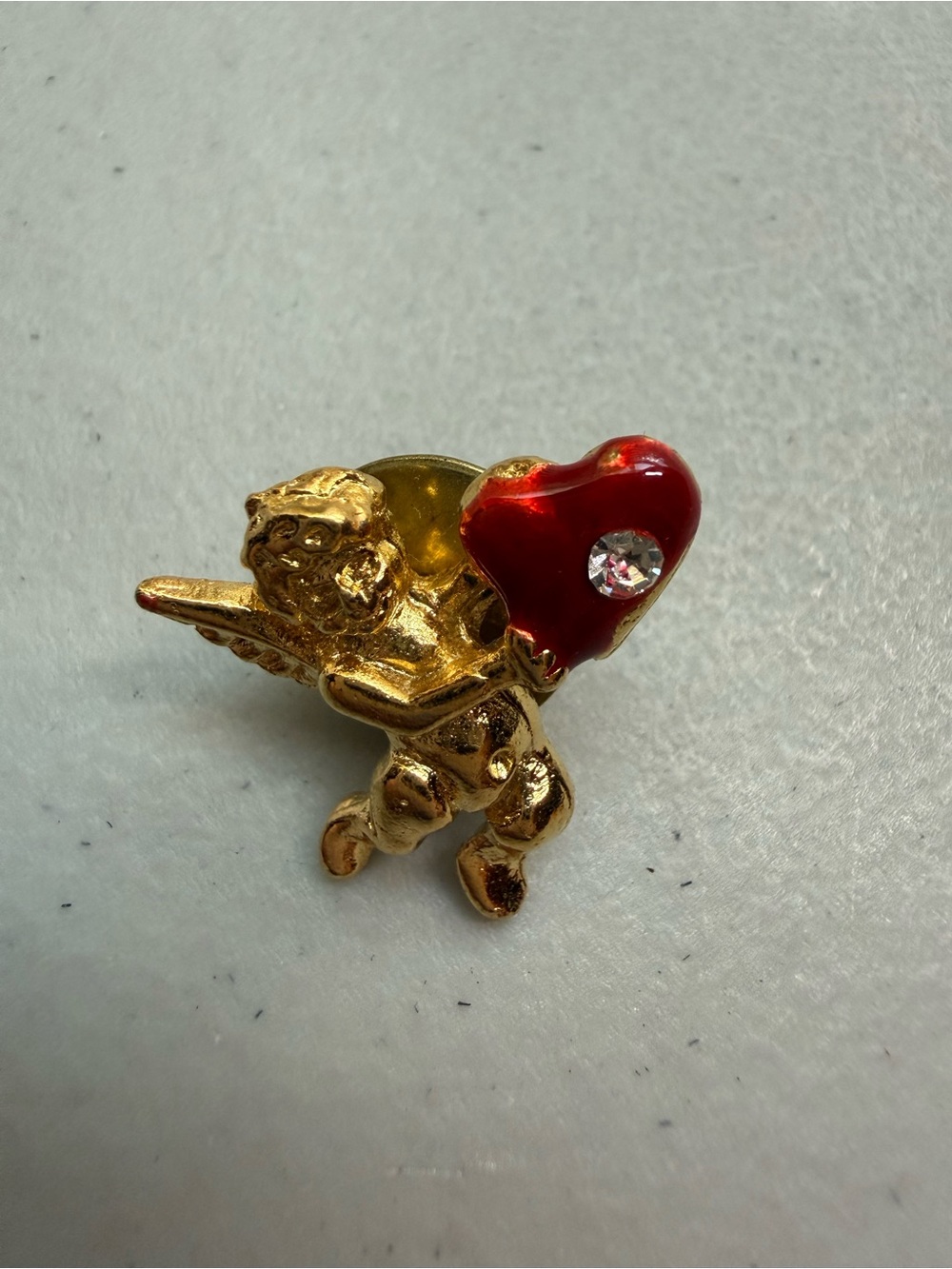 Vintage Gold Cupid Angel Lapel Pin with Red Heart Accent